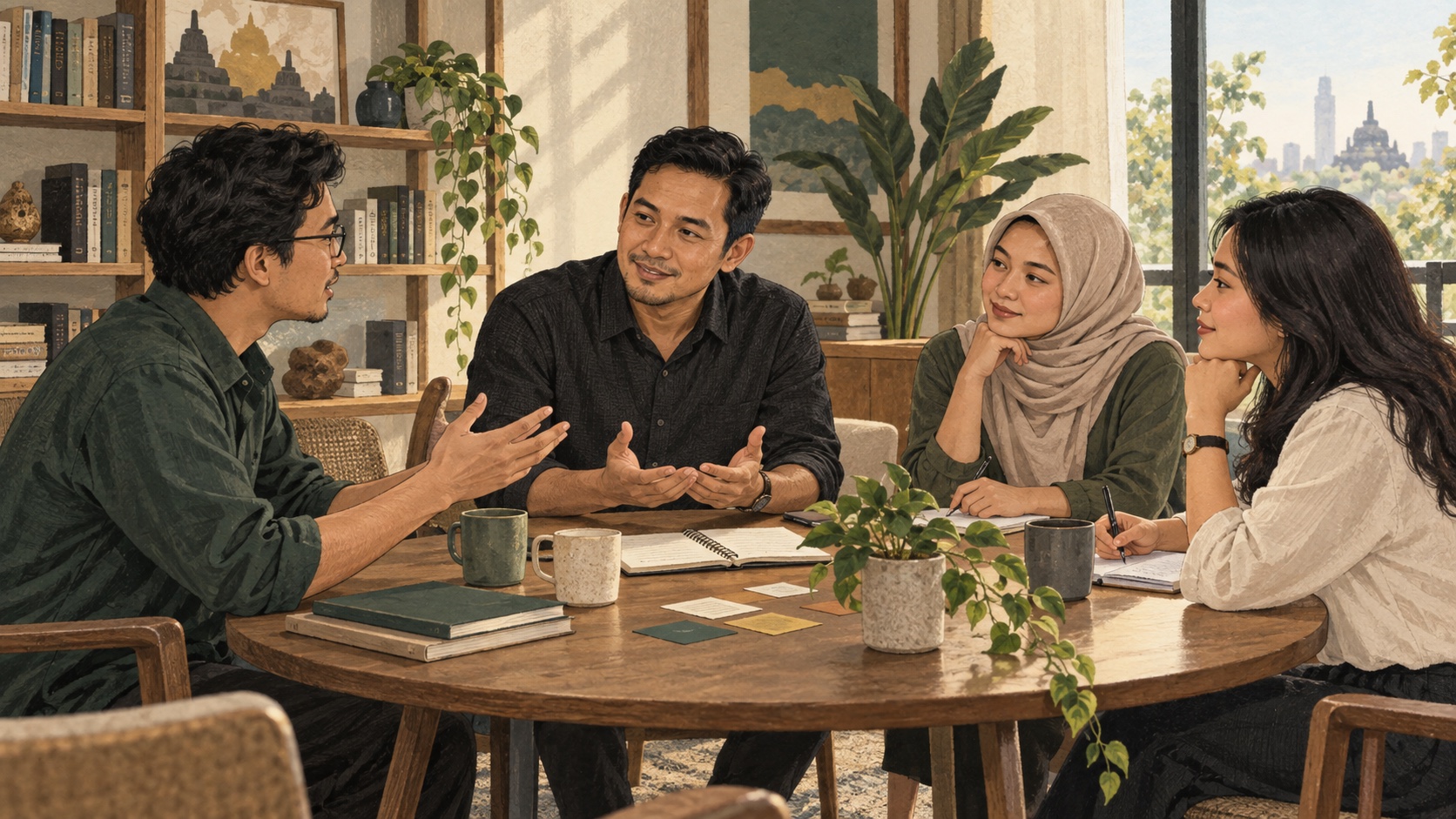 Pemimpin mendengarkan anggota tim menyampaikan gagasan dalam percakapan terbuka.